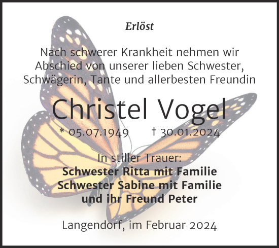 Traueranzeige von Chritel Vogel von Trauerkombi Weißenfels