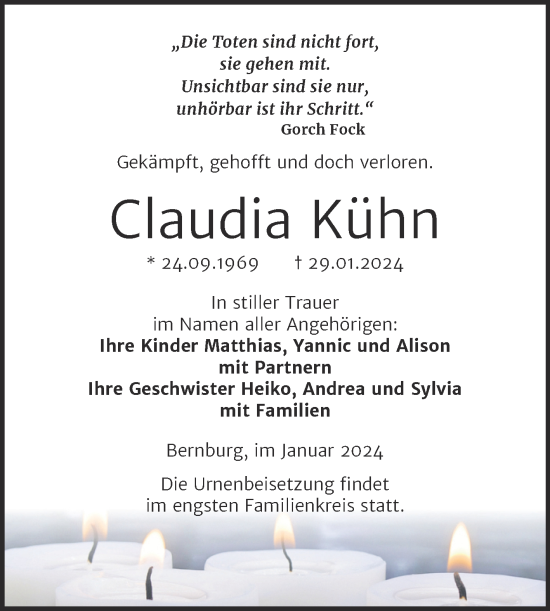 Traueranzeige von Claudia Kühn von Trauerkombi Bernburg