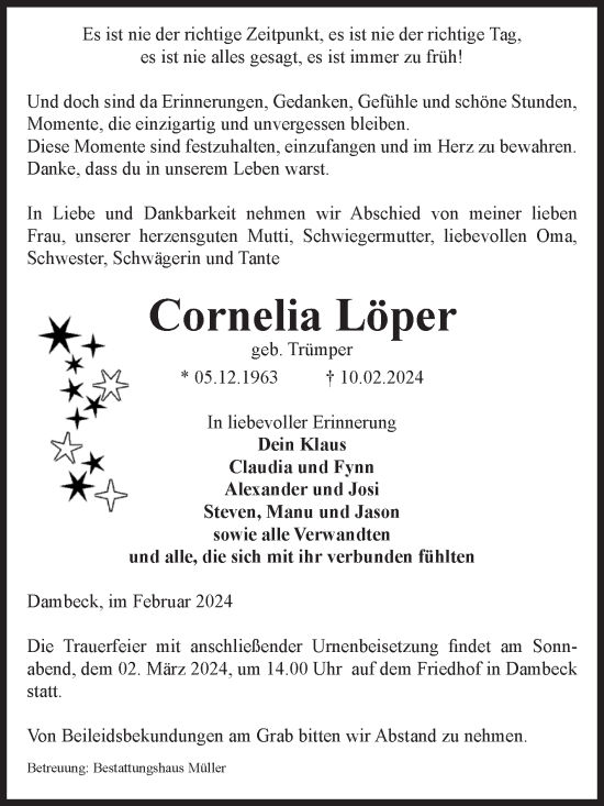 Traueranzeige von Cornelia Löper von Volksstimme Altmark West
