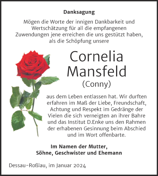 Traueranzeige von Cornelia Mansfeld von Trauerkombi Dessau