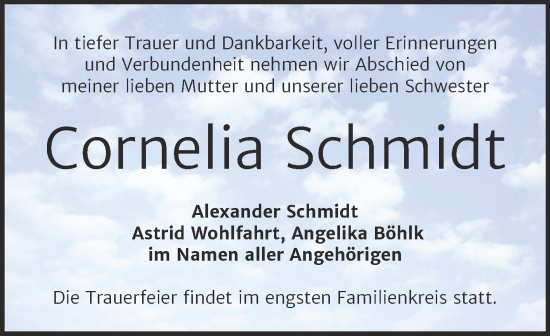 Traueranzeige von Cornelia Schmidt von Super Sonntag Bernburg