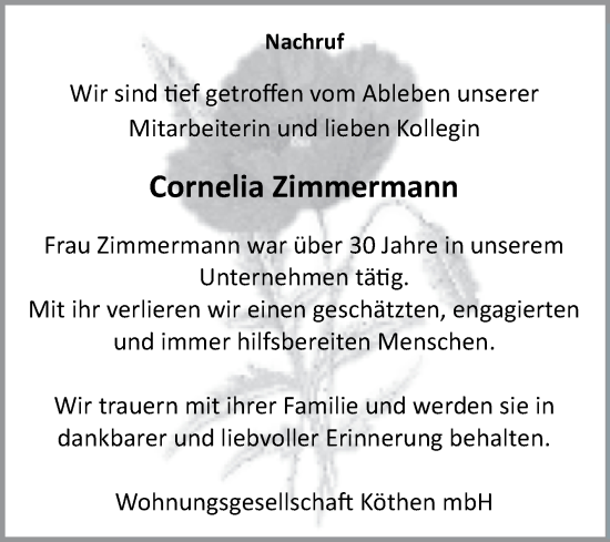 Traueranzeige von Cornelia Zimmermann von Mitteldeutsche Zeitung Köthen