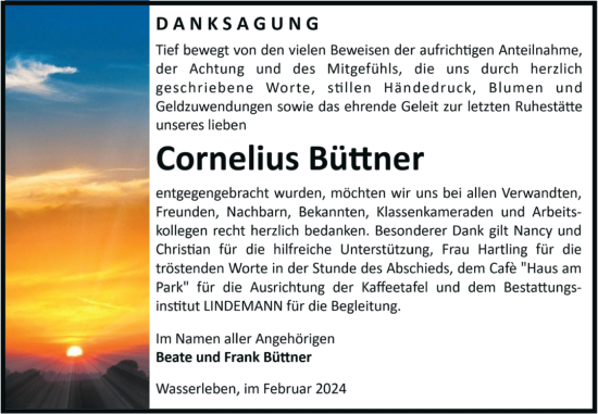 Traueranzeige von Cornelius Büttner von Volksstimme Wernigerode