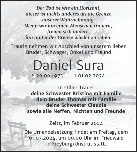 Traueranzeige von Daniel Sura von Trauerkombi Zeitz
