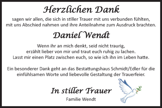 Traueranzeige von Daniel Wendt von Volksstimme Schönebeck