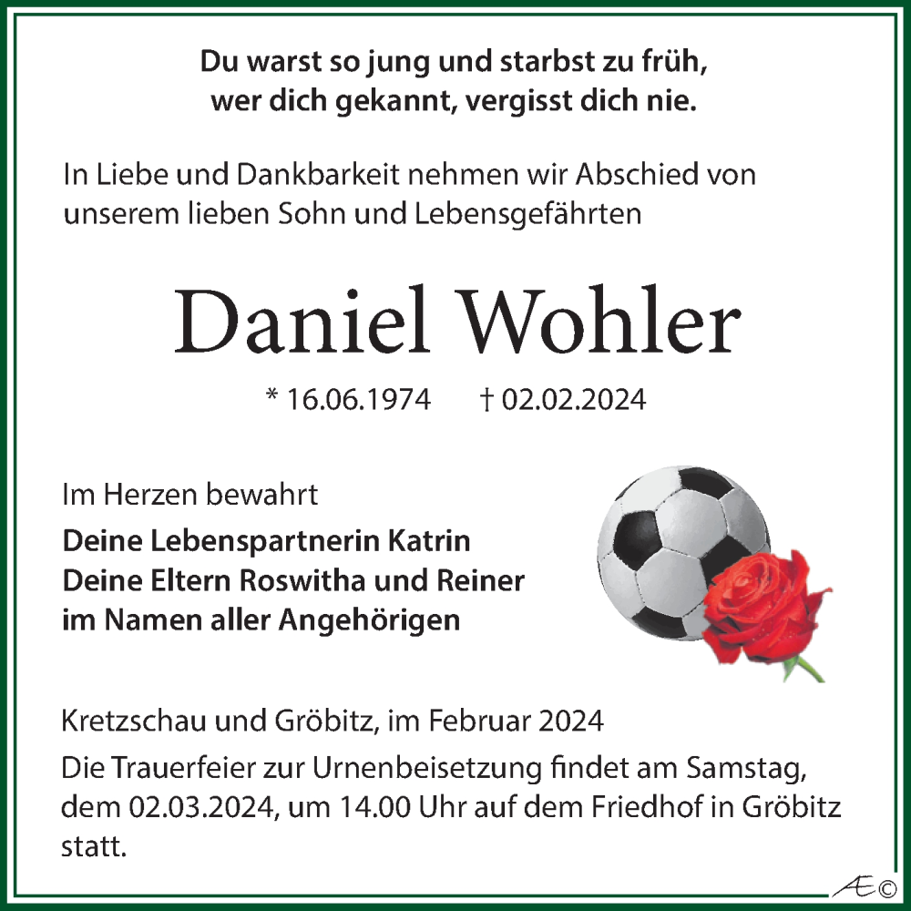  Traueranzeige für Daniel Wohler vom 17.02.2024 aus Trauerkombi Weißenfels