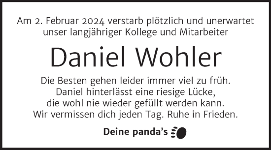 Traueranzeige von Daniel Wohler von Trauerkombi Zeitz