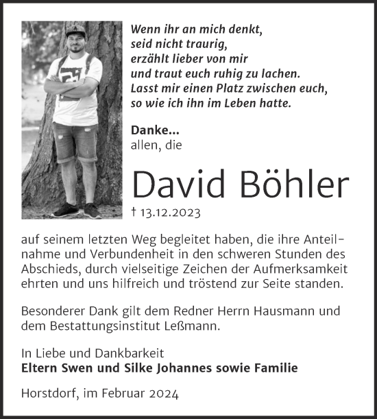 Traueranzeige von David Böhler von Trauerkombi Wittenberg
