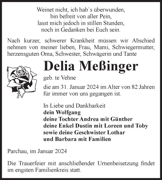 Traueranzeige von Delia Meßinger von Volksstimme Burg/Genthin