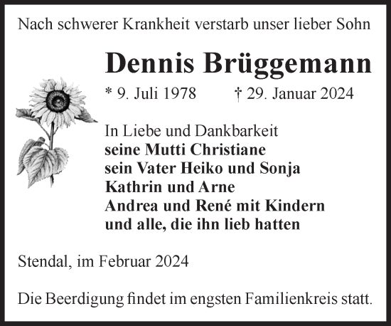 Traueranzeige von Dennis Brüggemann von Volksstimme Altmark Ost