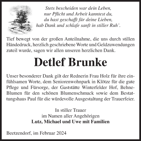 Traueranzeige von Detlef Brunke von Volksstimme Altmark West