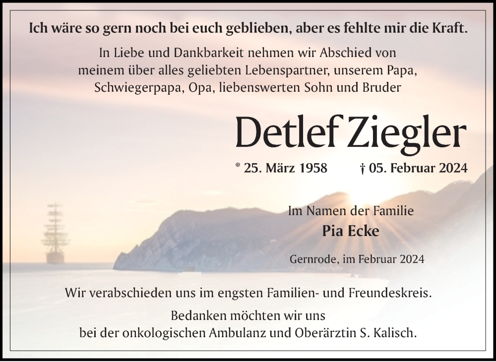  Traueranzeige für Detlef Ziegler vom 10.02.2024 aus Trauerkombi Quedlinburg