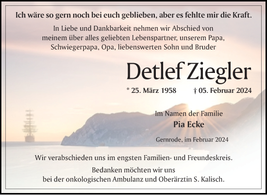 Traueranzeige von Detlef Ziegler von Trauerkombi Quedlinburg