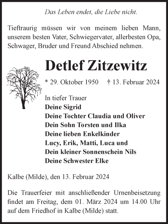 Traueranzeige von Detlef Zitzewitz von Volksstimme Altmark West