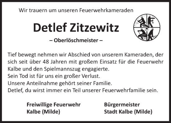 Traueranzeige von Detlef Zitzewitz von Volksstimme Altmark West