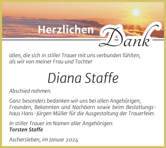 Traueranzeige von Diana Staffe von Trauerkombi Aschersleben