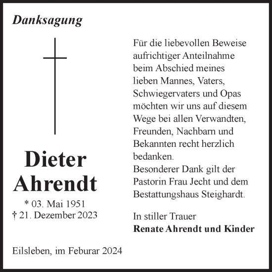 Traueranzeige von Dieter Ahrendt von Volksstimme Oschersleben/Wanzleben