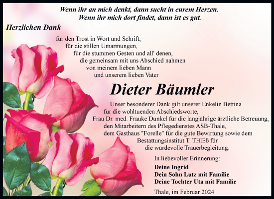 Traueranzeige von Dieter Bäumler von Trauerkombi Quedlinburg
