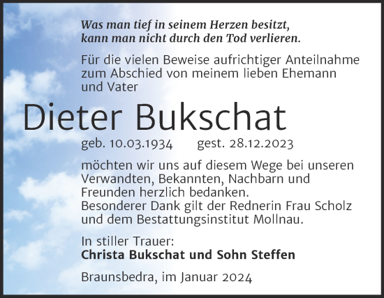 Traueranzeige von Dieter Bukschat von Trauerkombi Merseburg