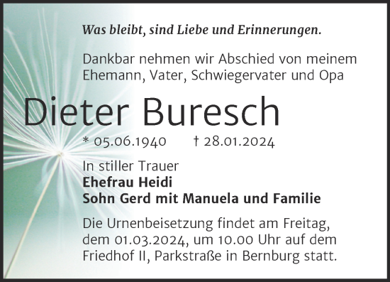 Traueranzeige von Dieter Buresch von Trauerkombi Bernburg
