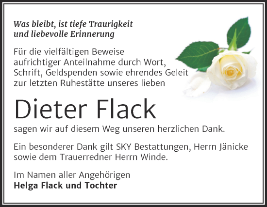 Traueranzeige von Dieter Flack von Trauerkombi Wittenberg