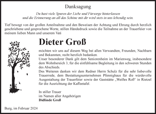 Traueranzeige von Dieter Groß von Volksstimme Burg/Genthin