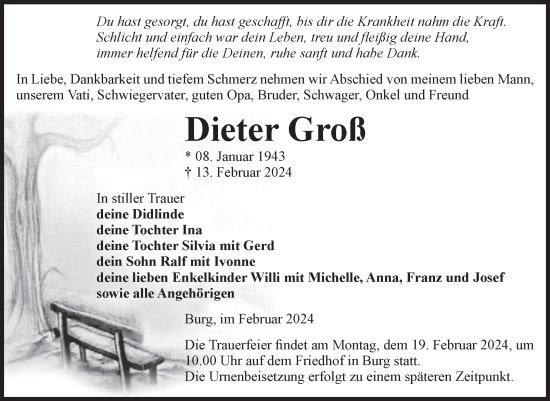 Traueranzeige von Dieter Groß von Volksstimme Burg/Genthin