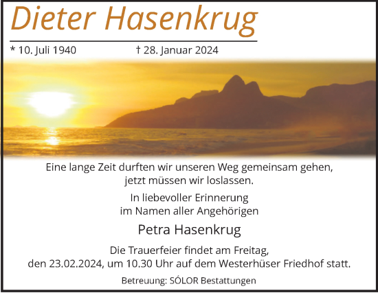 Traueranzeige von Dieter Hasenkrug von Volksstimme Magdeburg
