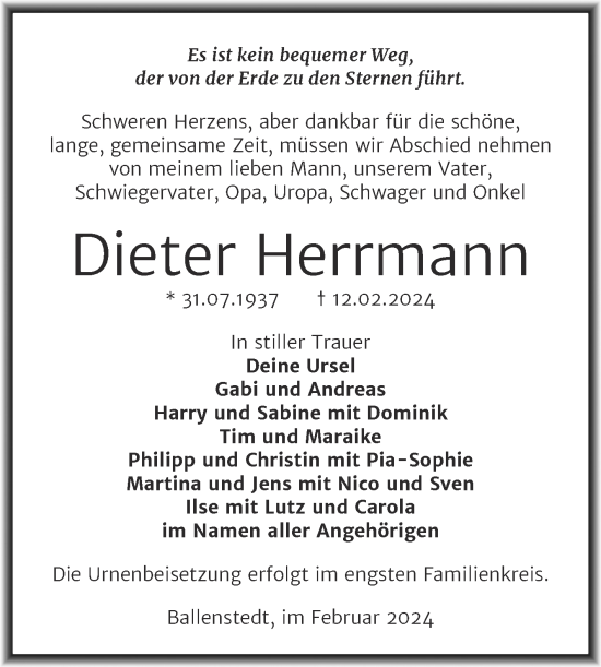 Traueranzeige von Dieter Herrmann von Trauerkombi Quedlinburg