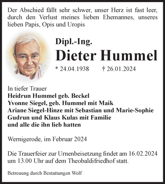 Traueranzeige von Dieter Hummel von Volksstimme Wernigerode