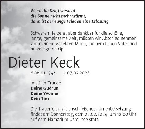 Traueranzeige von Dieter Keck von Mitteldeutsche Zeitung Halle/Saalkreis