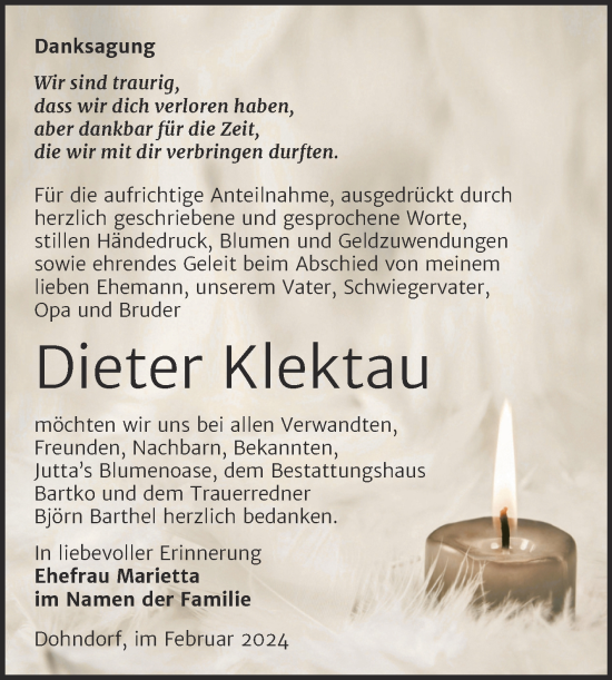 Traueranzeige von Dieter Klektau von Trauerkombi Köthen