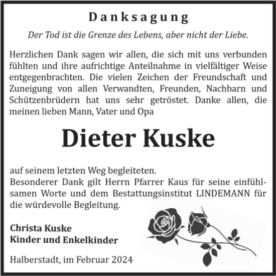 Traueranzeige von Dieter Kuske von Volksstimme Halberstadt