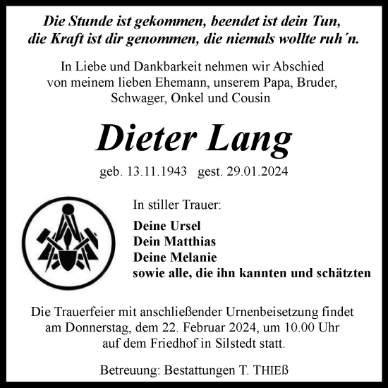 Traueranzeige von Dieter Lang von Volksstimme Wernigerode