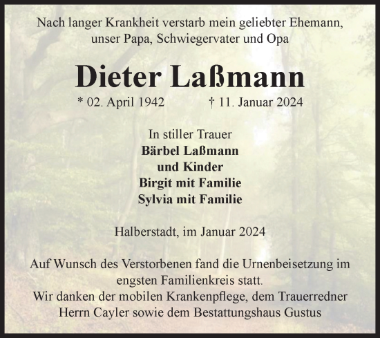Traueranzeige von Dieter Laßmann von Volksstimme Halberstadt