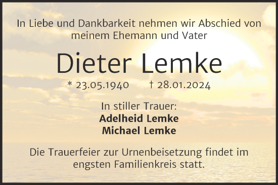 Traueranzeige von Dieter Lemke von Trauerkombi Weißenfels
