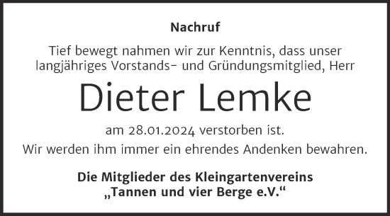 Traueranzeige von Dieter Lemke von Trauerkombi Weißenfels