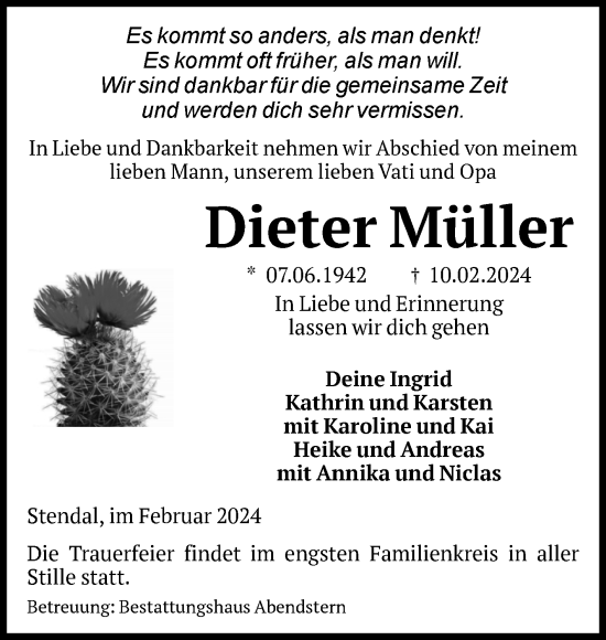Traueranzeige von Dieter Müller von Volksstimme Altmark Ost