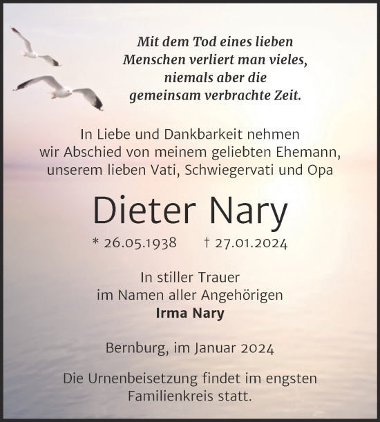 Traueranzeige von Dieter Nary von Trauerkombi Bernburg