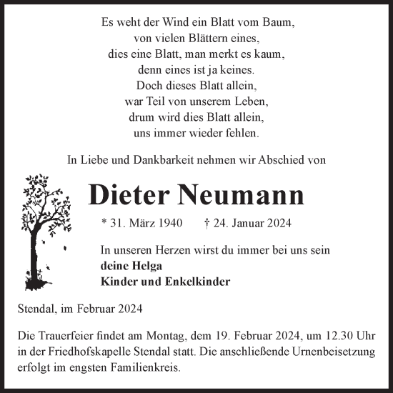 Traueranzeige von Dieter Neumann von Volksstimme Altmark Ost