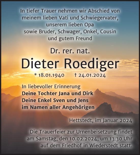 Traueranzeige von Dieter Roediger von Trauerkombi Mansfelder Land