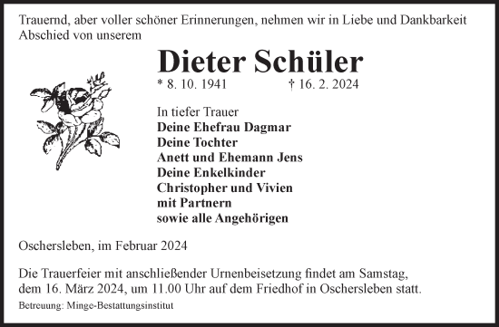Traueranzeige von Dieter Schüler von Volksstimme Oschersleben/Wanzleben