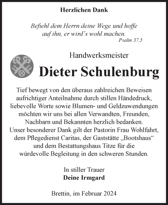 Traueranzeige von Dieter Schulenburg von Volksstimme Burg/Genthin