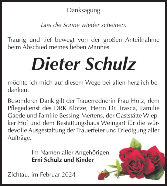 Traueranzeige von Dieter Schulz von Volksstimme Altmark West