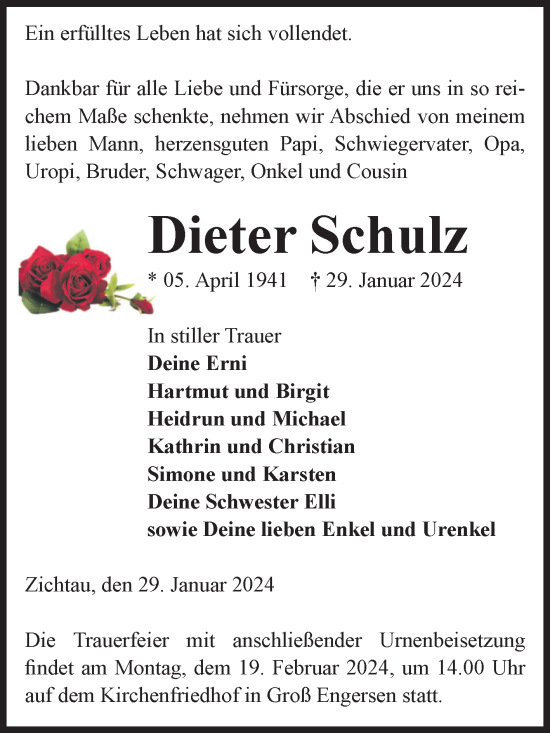 Traueranzeige von Dieter Schulz von Volksstimme Altmark West