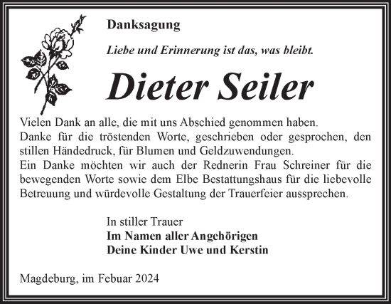 Traueranzeige von Dieter Seiler von Volksstimme Magdeburg