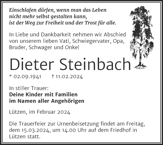 Traueranzeige von Dieter Steinbach von Trauerkombi Weißenfels