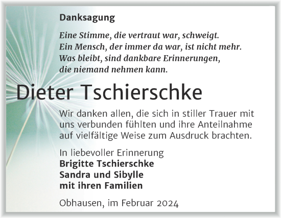 Traueranzeige von Dieter Tschierschke von Trauerkombi Merseburg