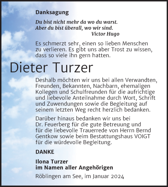 Traueranzeige von Dieter Turzer von Trauerkombi Mansfelder Land