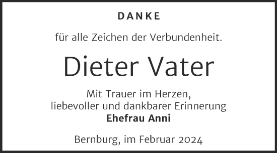 Traueranzeige von Dieter Vater von Trauerkombi Bernburg